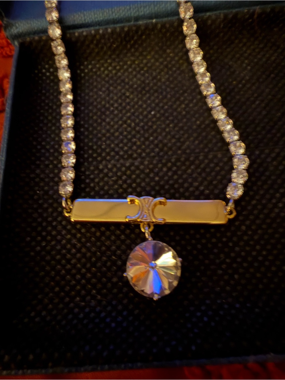Celine Gold-Tone Bar Necklace with Clear Crystal Drop